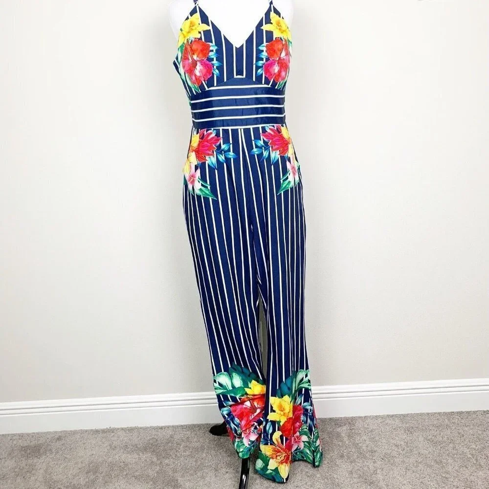 Chicways Floral and Striped Jumpsuit Size Large Hibiscus Flower Vneck blue - Picture 1 of 9